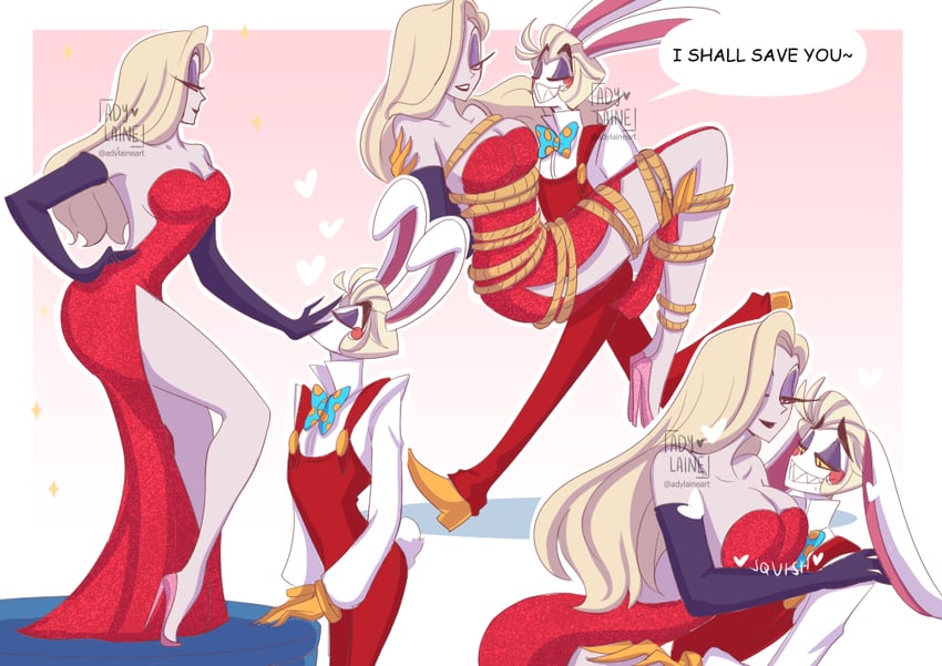 lucifer morningstar, lilith, jessica rabbit, and roger rabbit (hazbin hotel and 1 more) drawn by adylaineart
