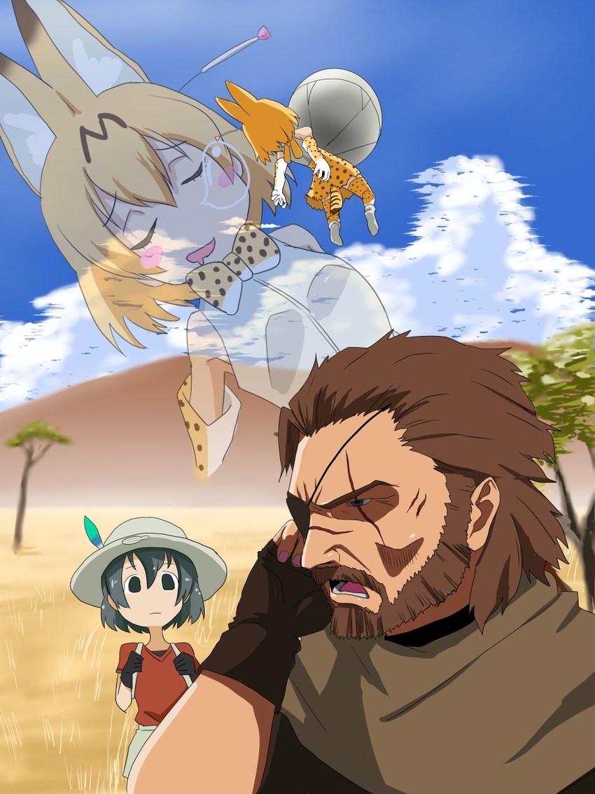 serval, kaban, and venom snake (kemono friends and 3 more) drawn by hanamegame_(nekootatu)