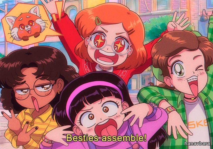 meilin lee, abby, priya, and miriam (turning red) drawn by hanavbara