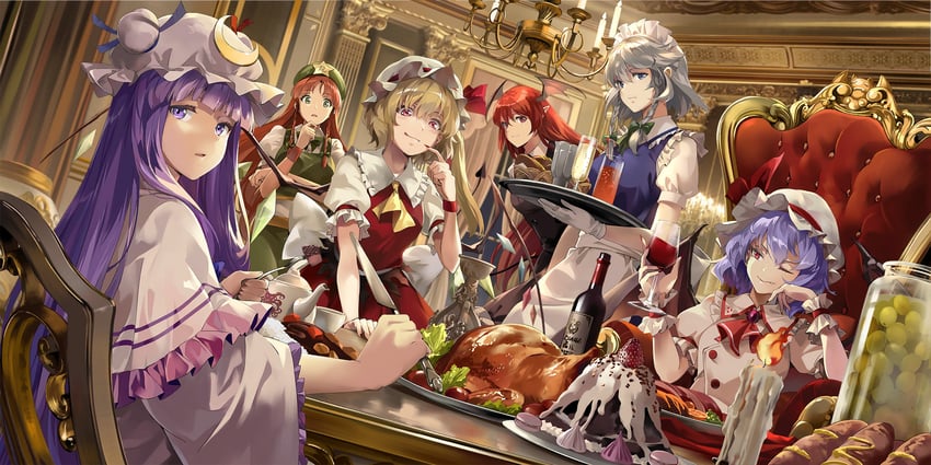 remilia scarlet, flandre scarlet, izayoi sakuya, patchouli knowledge, hong meiling, and 1 more (touhou and 1 more) drawn by neko_(yanshoujie)