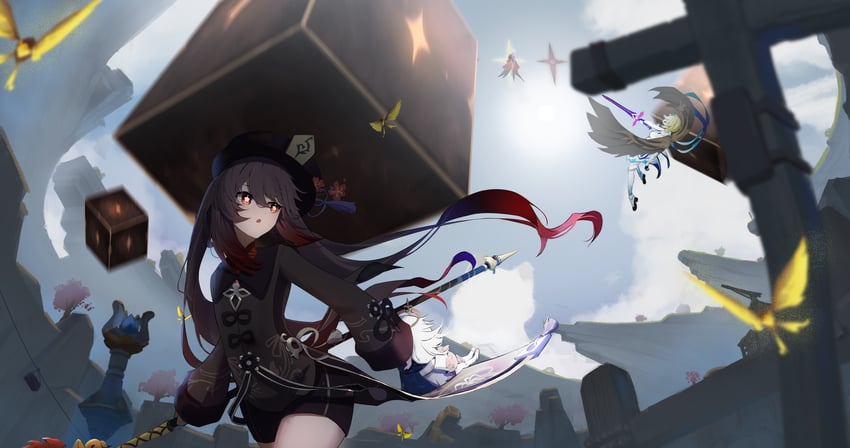 lumine, hu tao, paimon, and unknown god (genshin impact) drawn by qixia