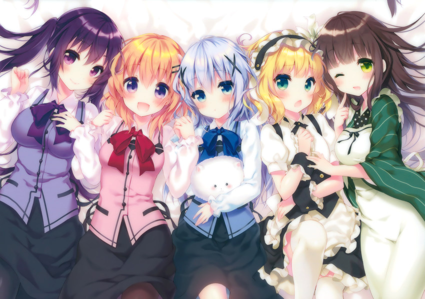 kafuu chino, hoto cocoa, kirima syaro, tippy, tedeza rize, and 1 more (gochuumon wa usagi desu ka?) drawn by riichu