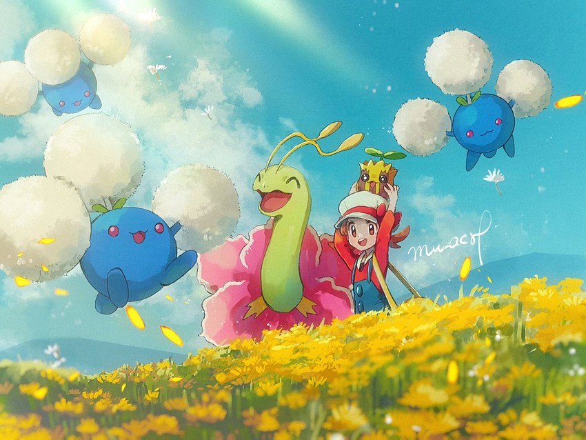 lyra, jumpluff, meganium, and sunkern (pokemon and 1 more) drawn by hanenbo