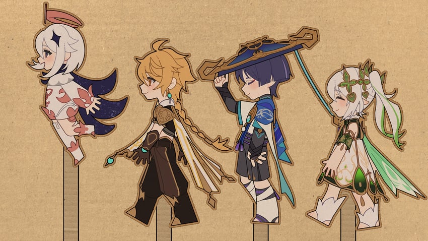 scaramouche, aether, nahida, wanderer, and paimon (genshin impact) drawn by miaoyeza233