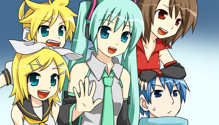 hatsune miku, kagamine rin, kagamine len, kaito, and meiko (vocaloid) drawn by aisora