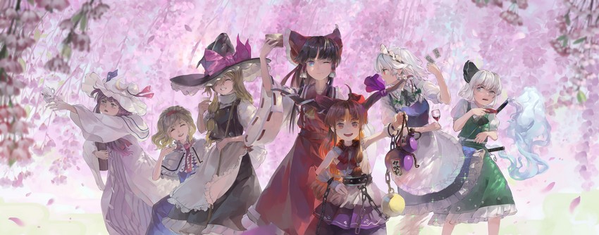 hakurei reimu, kirisame marisa, remilia scarlet, izayoi sakuya, konpaku youmu, and 3 more (touhou and 1 more) drawn by riki6