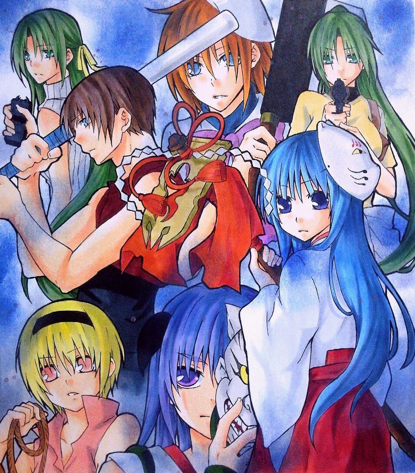furude rika, ryuuguu rena, houjou satoko, sonozaki mion, hanyuu, and 2 more (higurashi no naku koro ni) drawn by ginnoturu