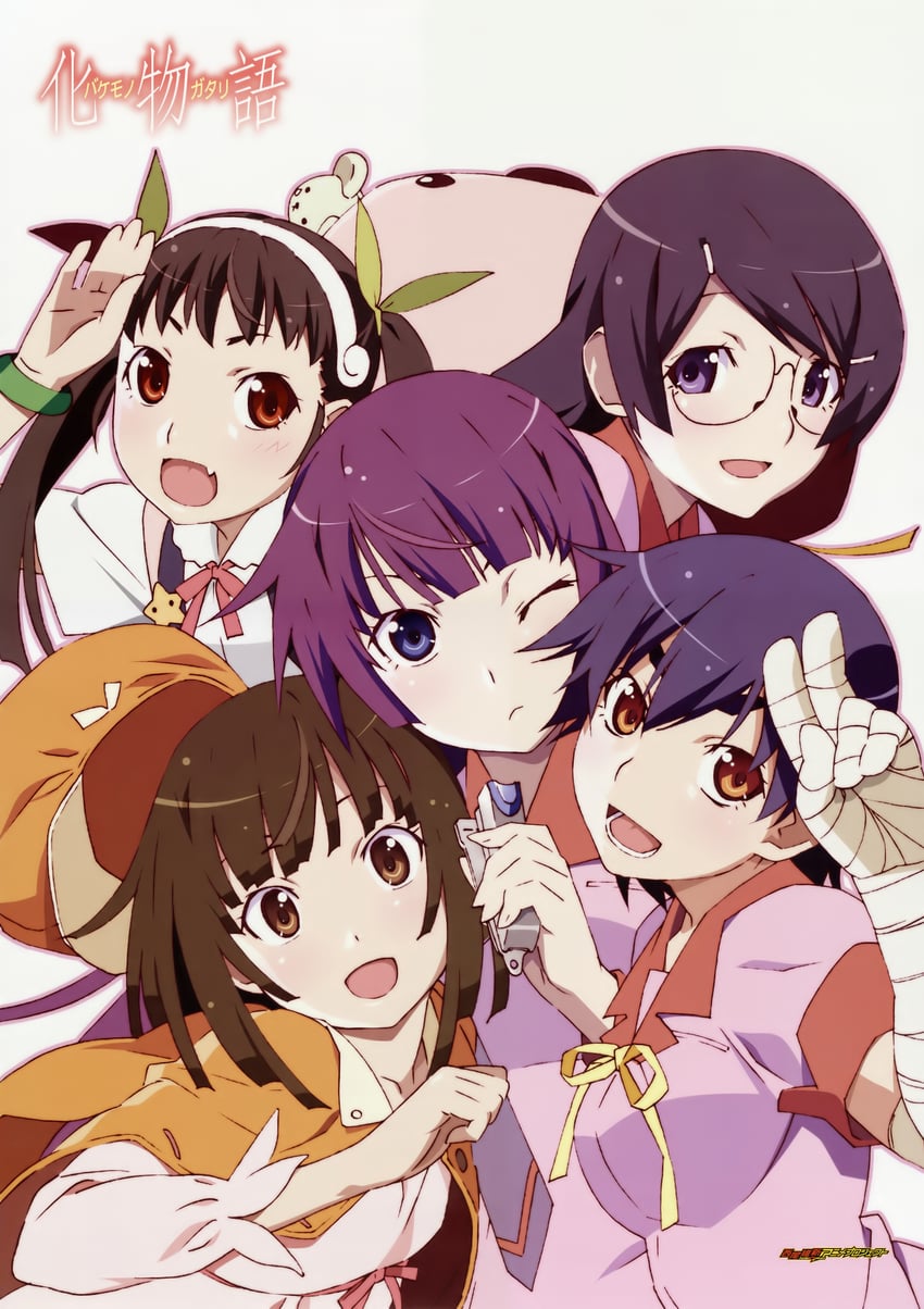 senjougahara hitagi, hanekawa tsubasa, sengoku nadeko, hachikuji mayoi, and kanbaru suruga (monogatari and 1 more) drawn by watanabe_akio