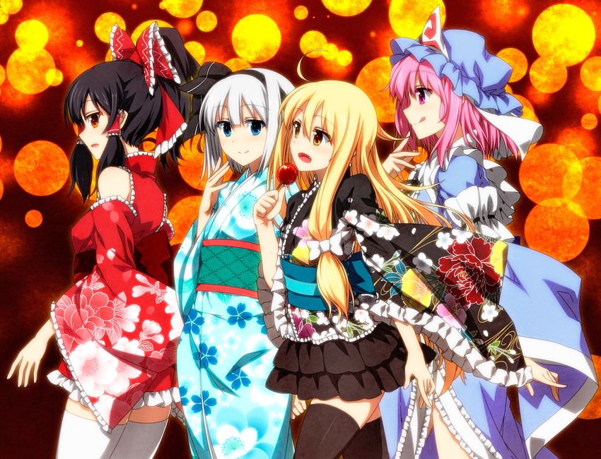 hakurei reimu, kirisame marisa, konpaku youmu, and saigyouji yuyuko (touhou) drawn by sazanami_mio