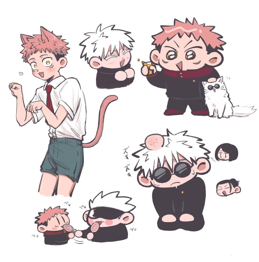 gojou satoru, itadori yuuji, getou suguru, and ieiri shoko (jujutsu kaisen) drawn by n_tgk11