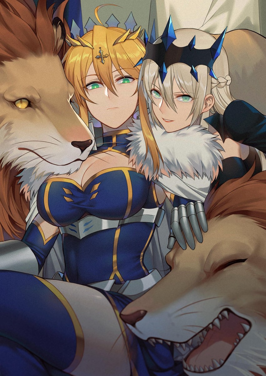 artoria pendragon, morgan le fay, and lion king (fate and 2 more) drawn by yorukun