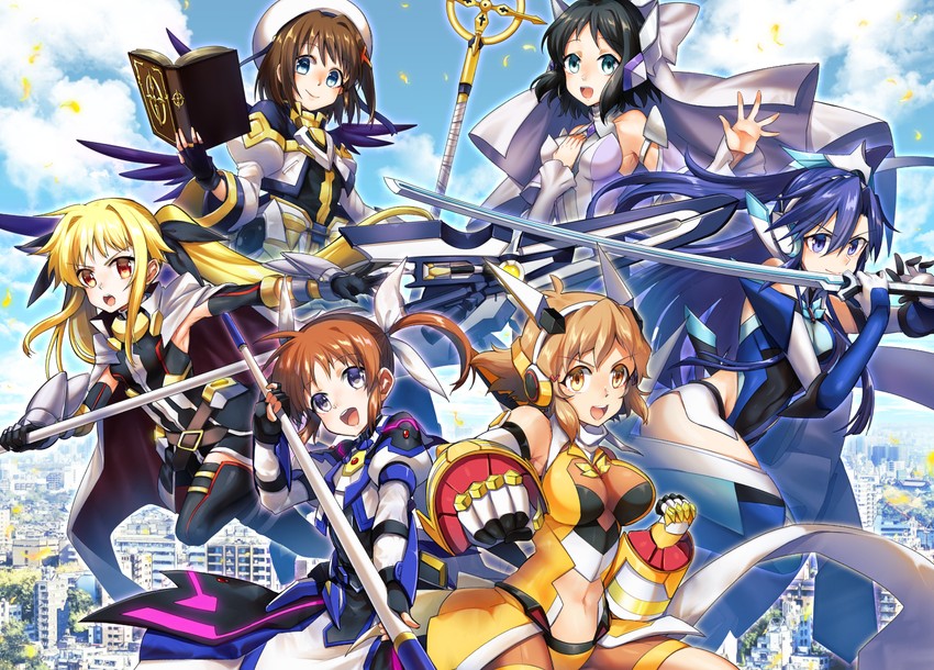 fate testarossa, takamachi nanoha, yagami hayate, raising heart, tachibana hibiki, and 6 more (lyrical nanoha and 4 more) drawn by amatsuki_colors