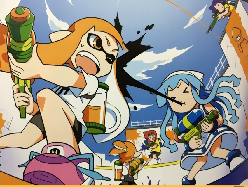 inkling player character, inkling girl, inkling boy, ikamusume, kaori, and 3 more (splatoon and 2 more) drawn by anbe_masahiro
