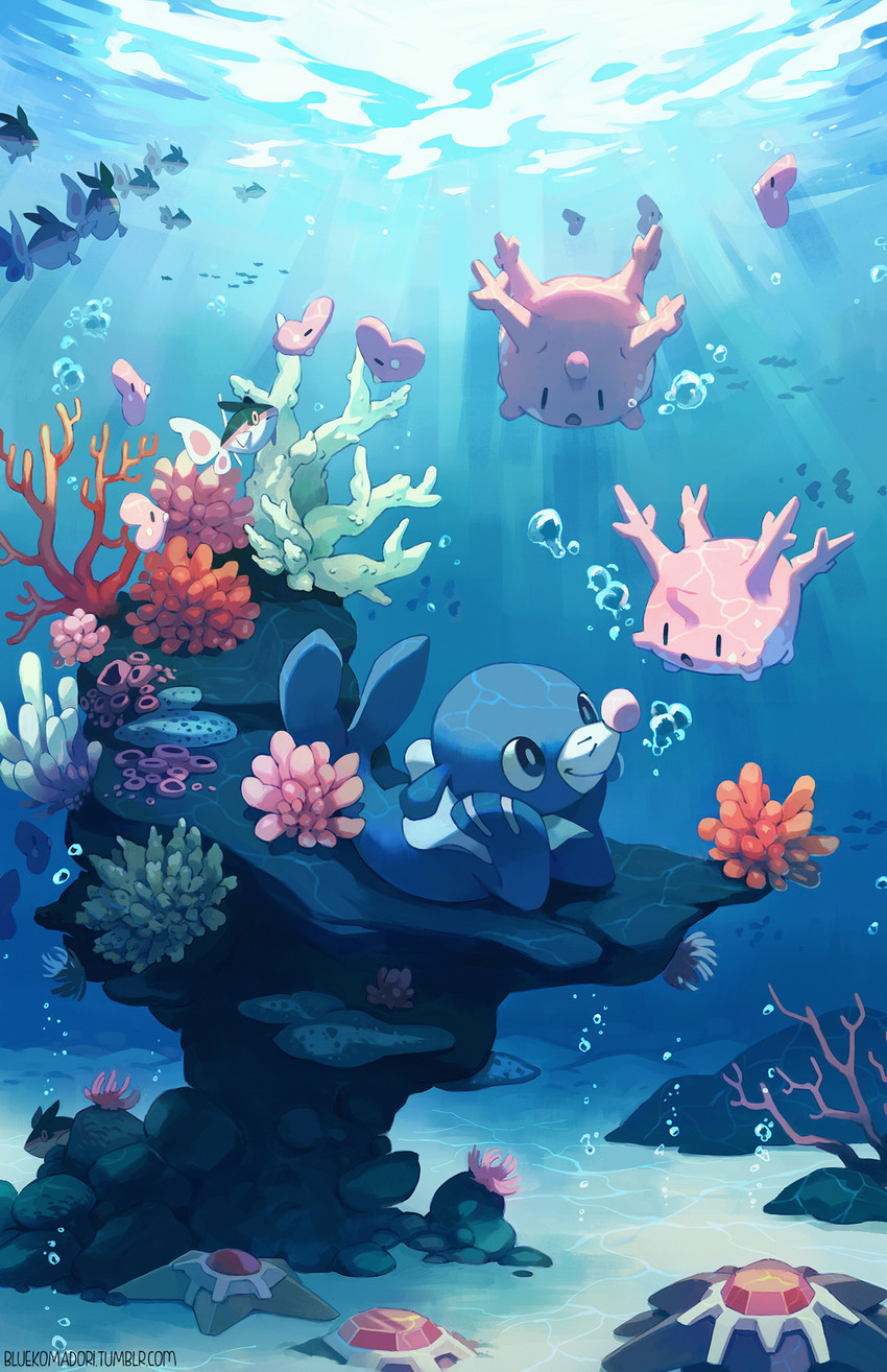 popplio, luvdisc, staryu, starmie, corsola, and 1 more (pokemon) drawn by bluekomadori