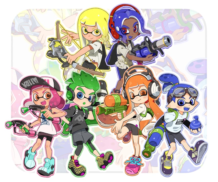 inkling player character, inkling girl, octoling player character, inkling boy, and octoling boy (splatoon and 3 more) drawn by hg_swdiary