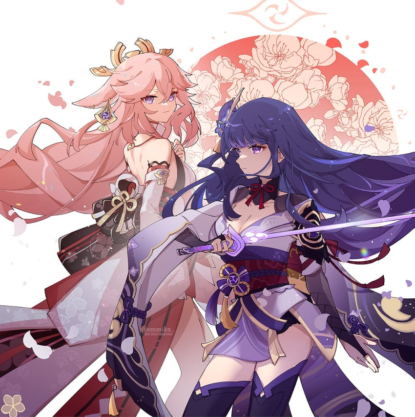 raiden shogun and yae miko (genshin impact) drawn by emmikn