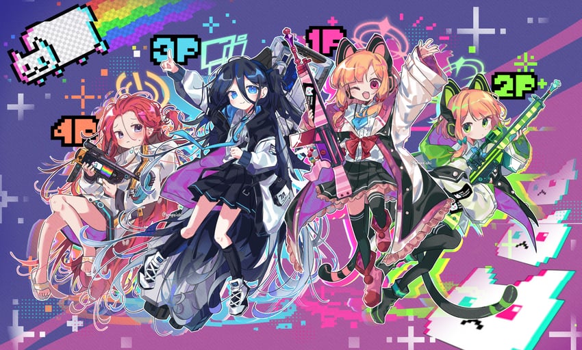 aris, momoi, midori, yuzu, and nyan cat (blue archive and 1 more) drawn by grapeichi