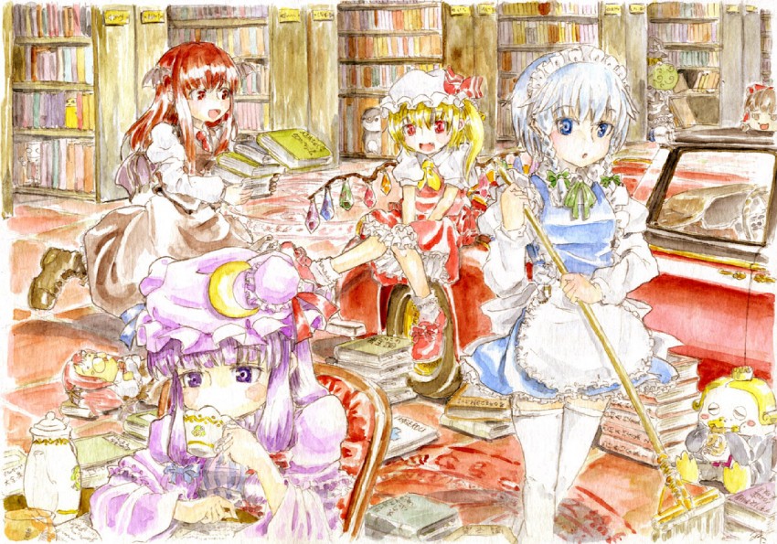 hakurei reimu, kirisame marisa, flandre scarlet, izayoi sakuya, patchouli knowledge, and 8 more (touhou and 6 more) drawn by master_(4th)
