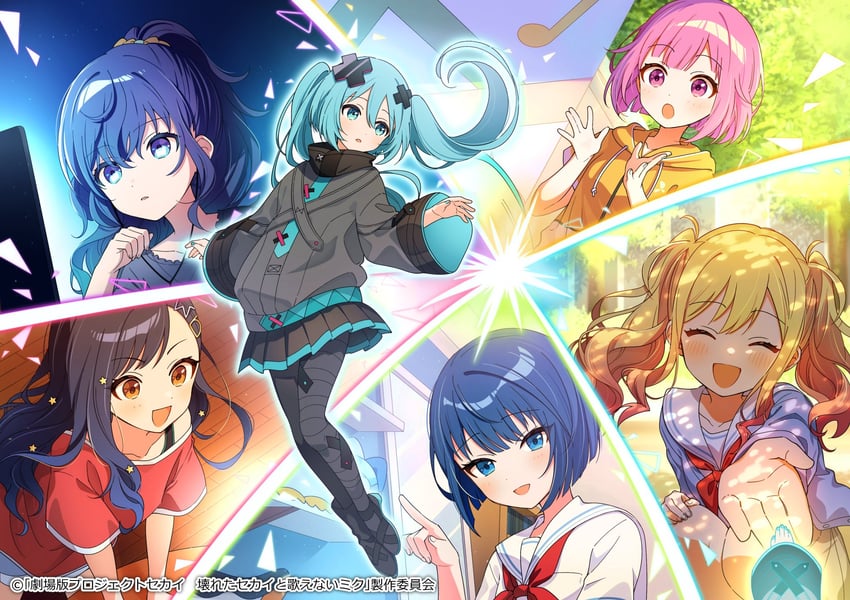 hatsune miku, asahina mafuyu, ootori emu, shiraishi an, tenma saki, and 2 more (vocaloid and 2 more) drawn by 4_(nakajima4423)