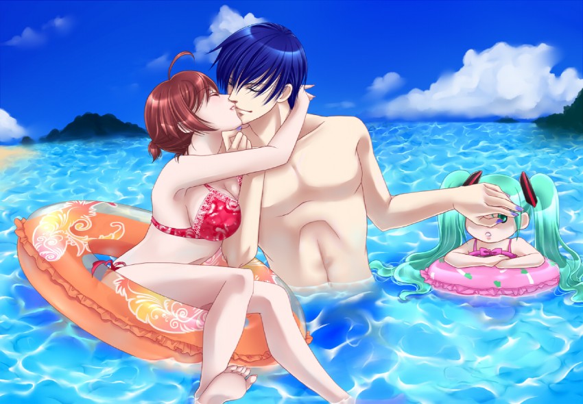hatsune miku, kaito, and meiko (vocaloid) drawn by tonyo_(milky_crown)