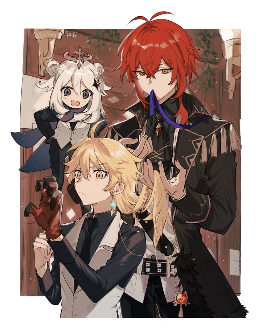 aether, paimon, and diluc (genshin impact) drawn by nagatani_(ngt_926)