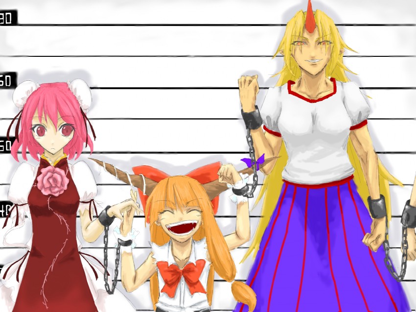 ibuki suika, hoshiguma yuugi, and ibaraki kasen (touhou and 1 more) drawn by eastenblack