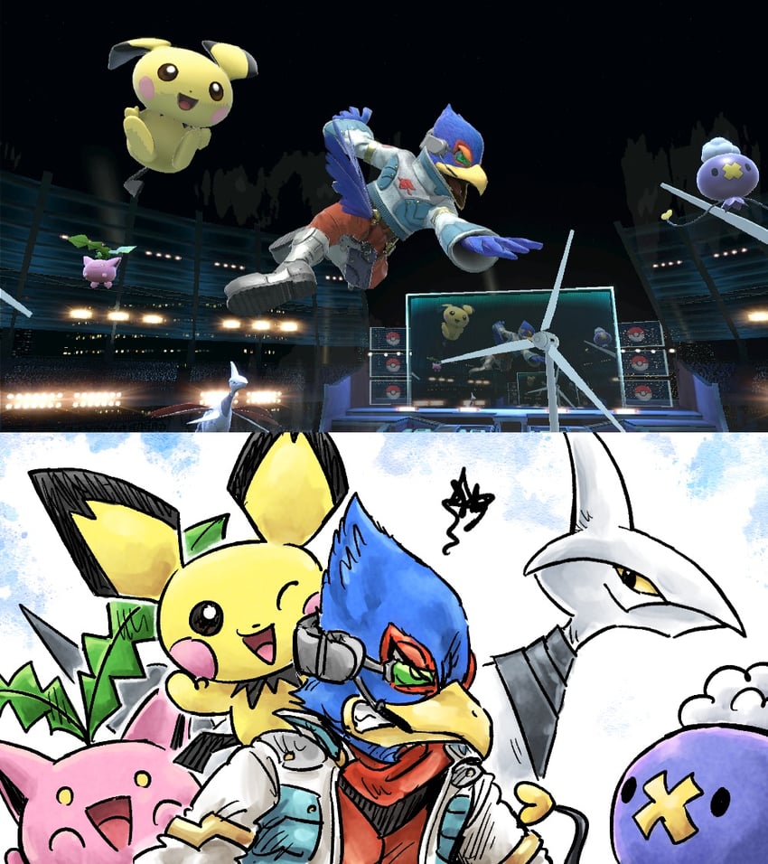 pichu, drifloon, hoppip, skarmory, and falco lombardi (pokemon and 2 more) drawn by kicdon