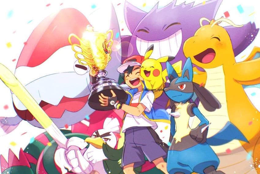 pikachu, ash ketchum, lucario, gengar, dragonite, and 2 more (pokemon and 1 more) drawn by chitozen_(pri_zen)