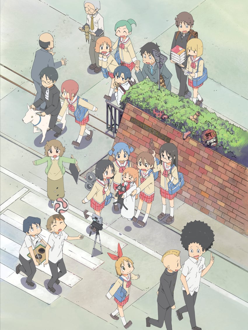 shinonome nano, naganohara mio, aioi yuuko, minakami mai, professor shinonome, and 17 more (nichijou) drawn by nishiya_futoshi