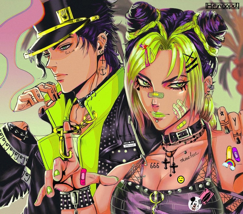 kujo jotaro and kujo jolyne (jojo no kimyou na bouken and 1 more) drawn by henoopd