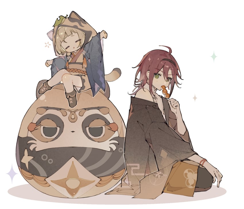 shikanoin heizou, sayu, and muji-muji daruma (genshin impact) drawn by yue_(shemika98425261)