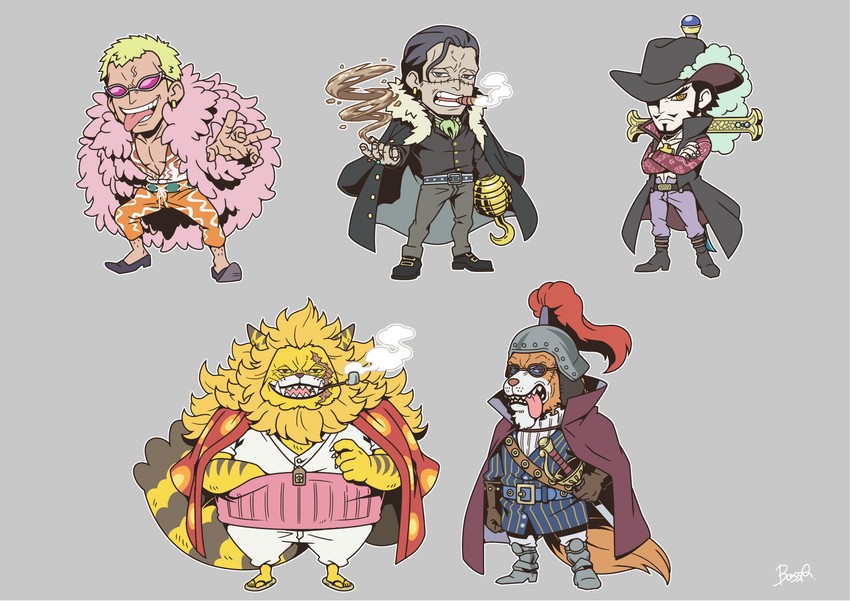 donquixote doflamingo, crocodile, dracule mihawk, nekomamushi, and inuarashi (one piece) drawn by irohero