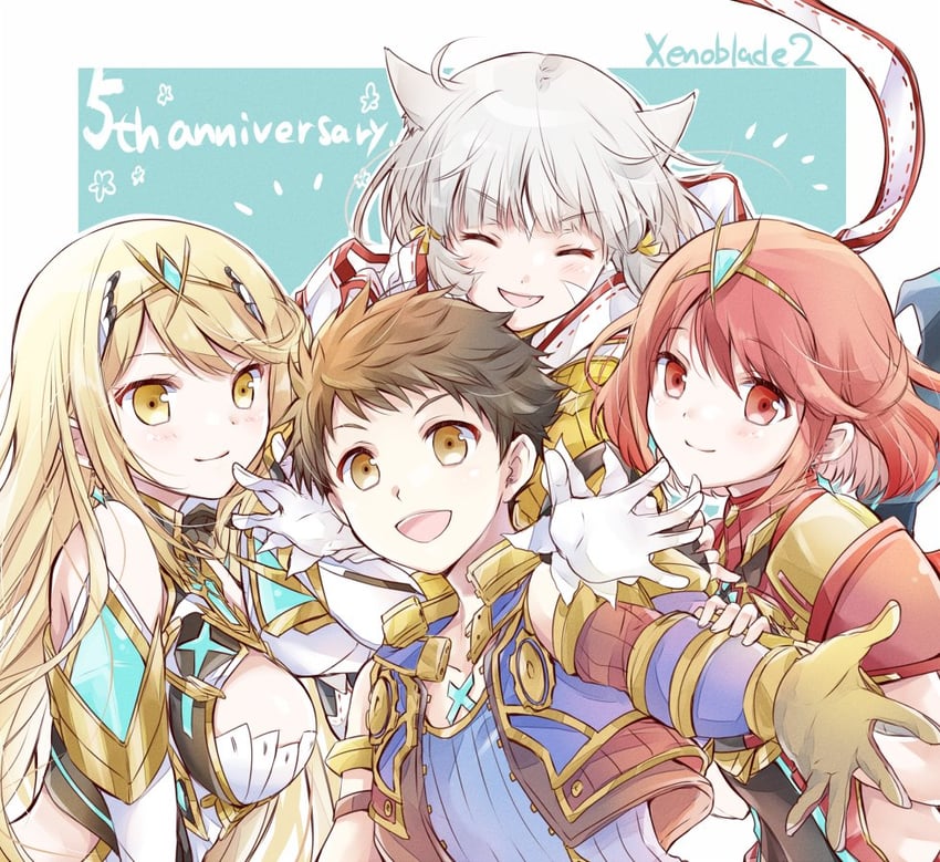 pyra, mythra, nia, and rex (xenoblade chronicles and 1 more) drawn by ui_frara