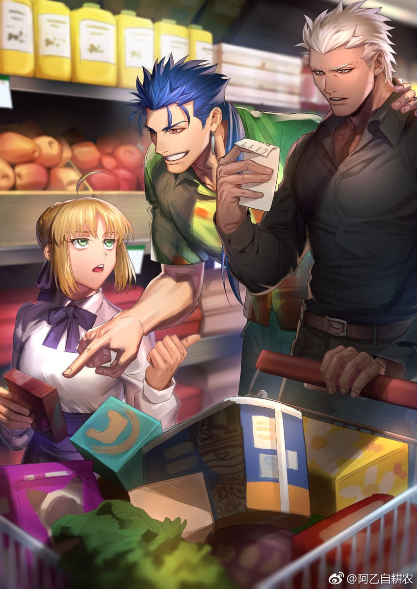 artoria pendragon, archer, and cu chulainn (fate and 1 more) drawn by gochary1212