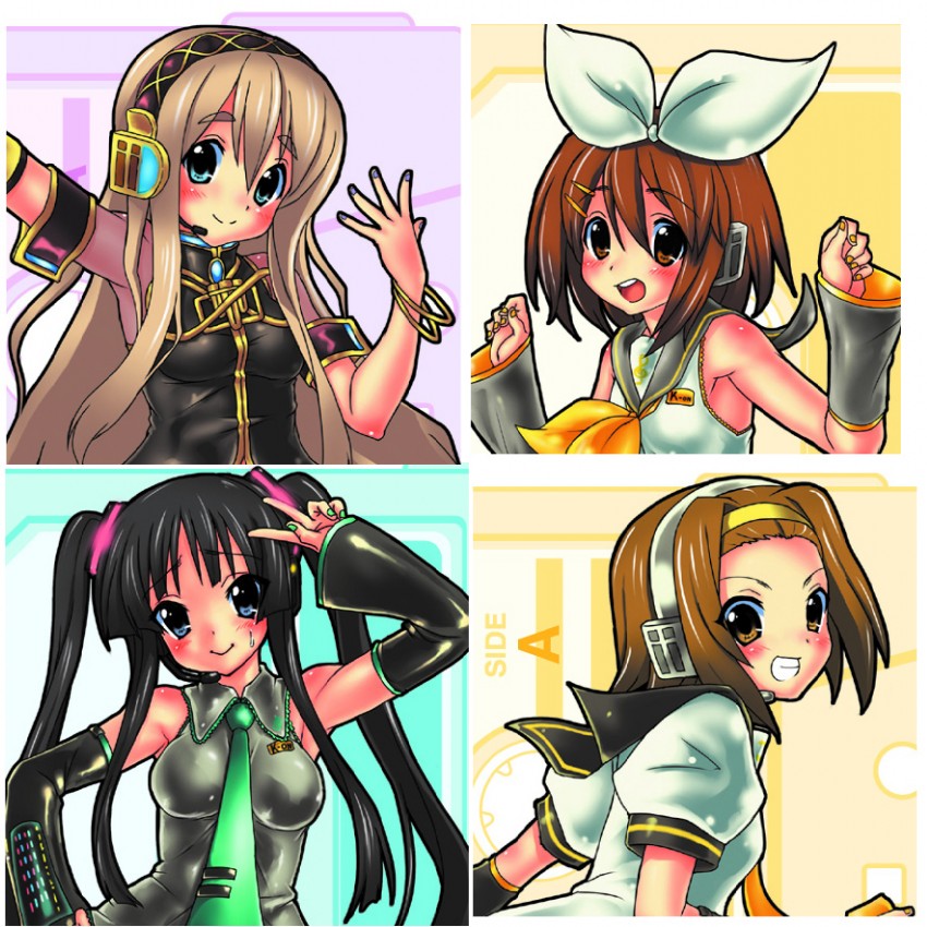 hatsune miku, kagamine rin, kagamine len, megurine luka, akiyama mio, and 3 more (vocaloid and 1 more) drawn by rokko