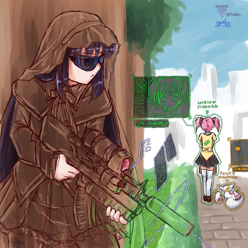 akemi homura, kaname madoka, and kyubey (mahou shoujo madoka magica and 2 more) drawn by black-yuzunyan