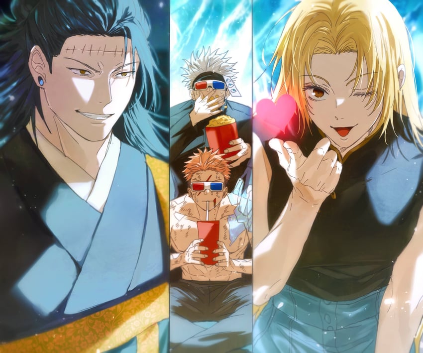 gojou satoru, itadori yuuji, getou suguru, kenjaku, and tsukumo yuki (jujutsu kaisen) drawn by yoon_(dmsco1803)