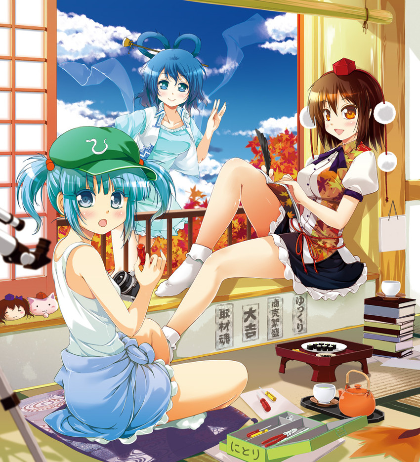 shameimaru aya, kawashiro nitori, and kaku seiga (touhou) drawn by porurin