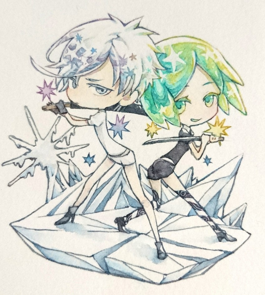 phosphophyllite and antarcticite (houseki no kuni) drawn by satou_pen