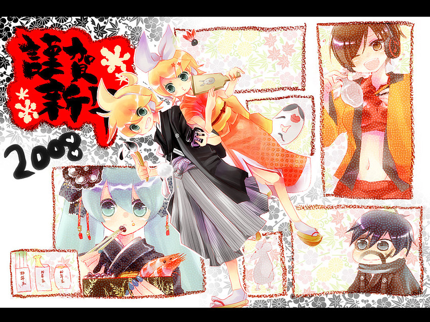 hatsune miku, kagamine rin, kagamine len, kaito, and meiko (vocaloid) drawn by shimeko