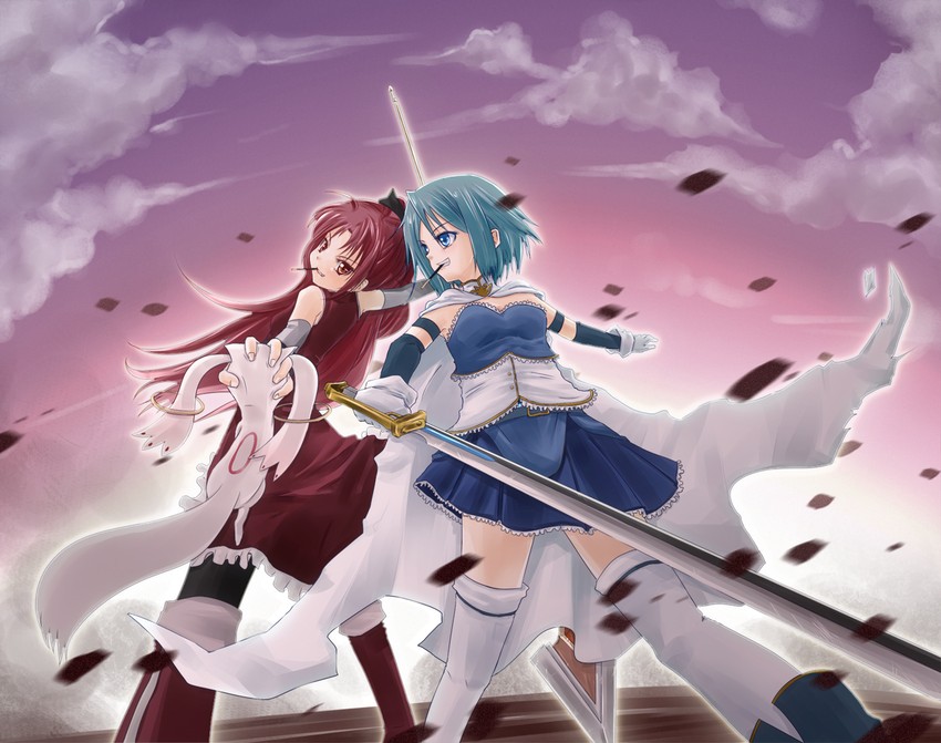 miki sayaka, sakura kyoko, and kyubey (mahou shoujo madoka magica) drawn by kanata_ryou