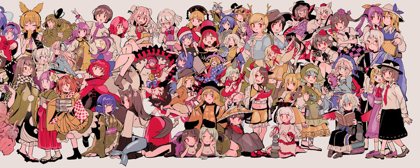 shameimaru aya, inubashiri momiji, toyosatomimi no miko, morichika rinnosuke, usami renko, and 47 more (touhou and 12 more) drawn by tamagogayu1998