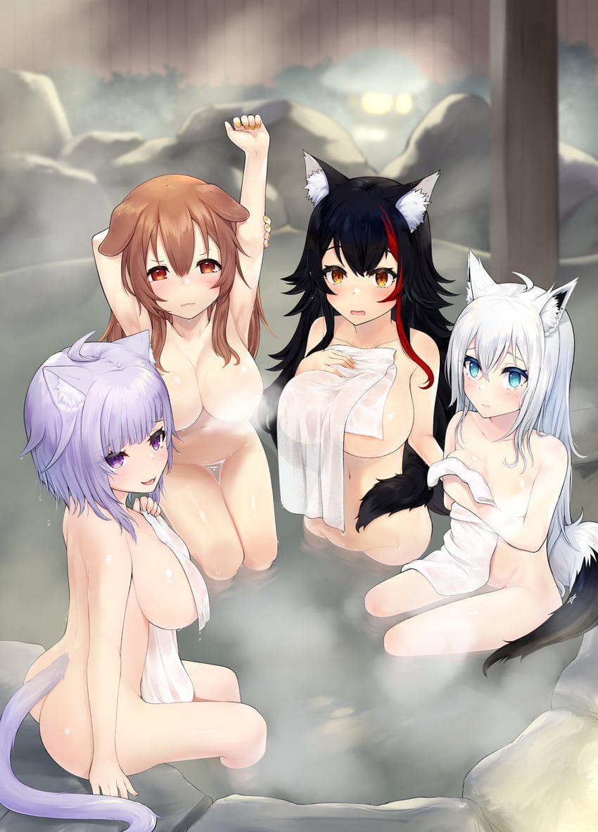 shirakami fubuki, nekomata okayu, ookami mio, and inugami korone (hololive) drawn by amekosame
