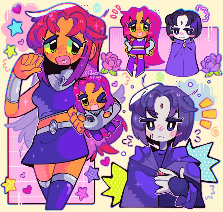raven and starfire (dc comics and 1 more) drawn by jack0ran