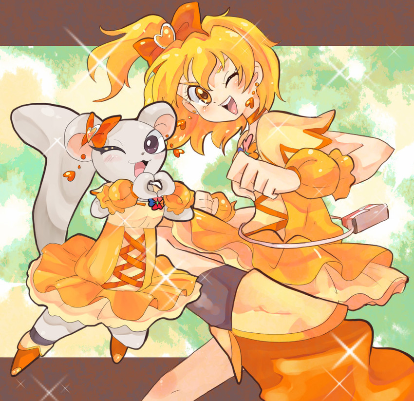 yamabuki inori, cure pine, and tart (precure and 1 more) drawn by oota