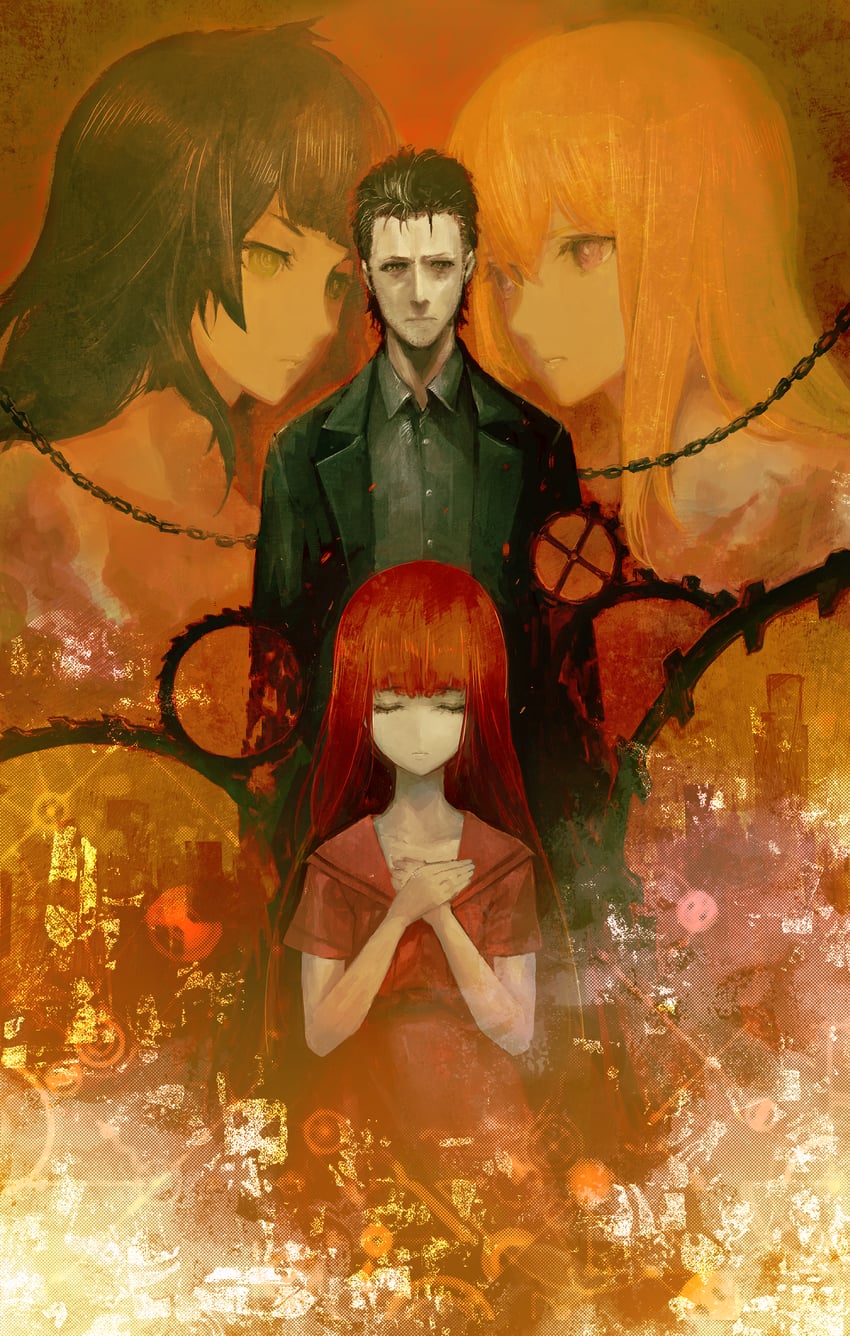 makise kurisu, okabe rintarou, hiyajou maho, and shiina kagari (steins;gate and 1 more) drawn by huke
