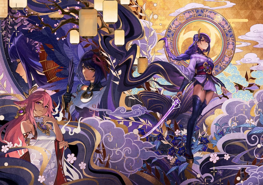 raiden shogun, yae miko, and kujou sara (genshin impact) drawn by daniel_deng