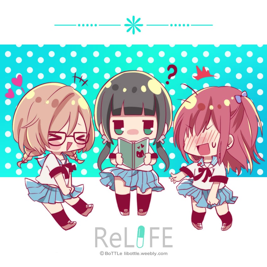 hishiro chizuru, onoya an, and kariu rena (relife) drawn by libottle