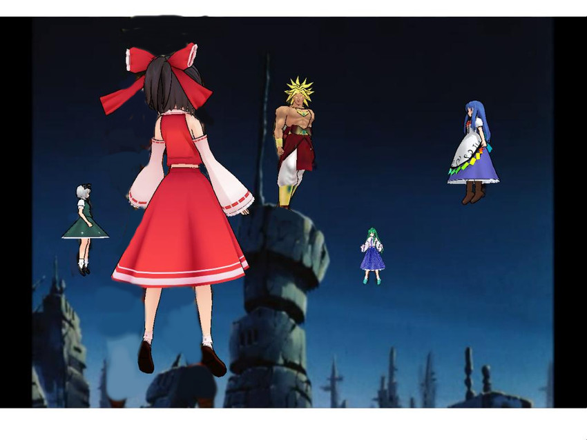 hakurei reimu, kochiya sanae, konpaku youmu, hinanawi tenshi, and broly (touhou and 2 more) drawn by rei_(nico16194115)