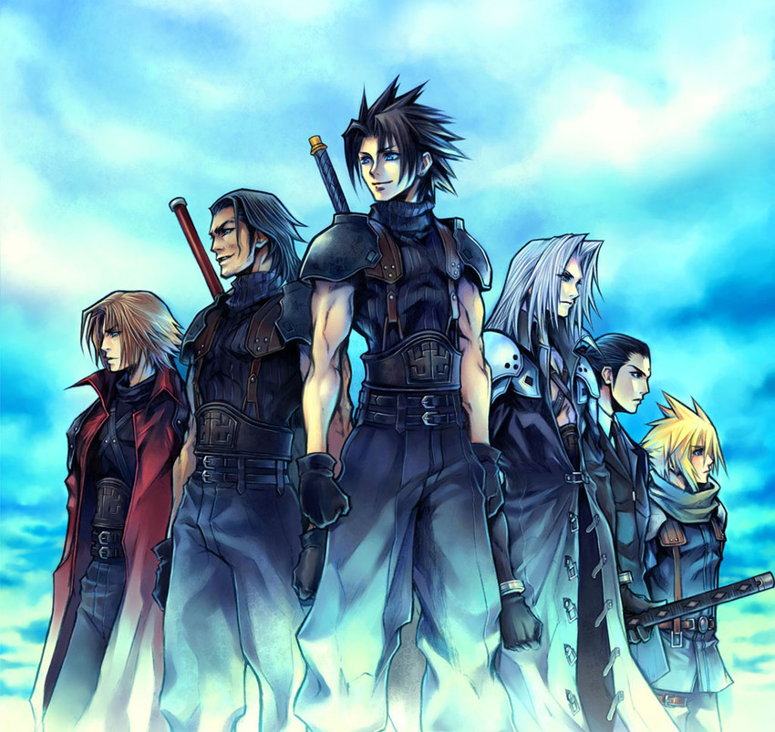 cloud strife, sephiroth, zack fair, genesis rhapsodos, tseng, and 1 more (final fantasy and 2 more) drawn by nomura_tetsuya